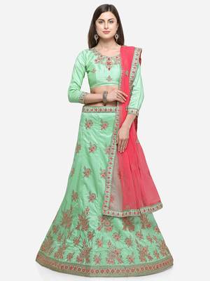 Green Embroidered Silk Semi Stitched Lehenga 1