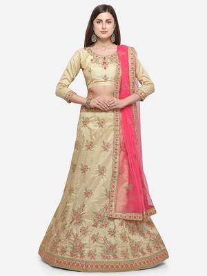 Beige Embroidered Silk Semi Stitched Lehenga 1