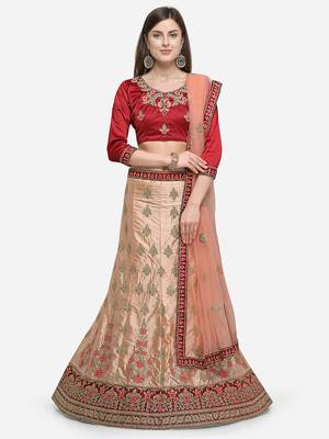 Peach Embroidered Silk Semi Stitched Lehenga 1