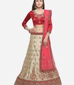 Beige Embroidered Silk Semi Stitched Lehenga