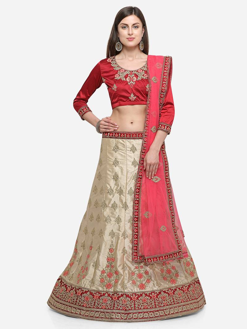 Beige Embroidered Silk Semi Stitched Lehenga