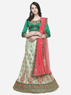 Green Embroidered Silk Semi Stitched Lehenga 1