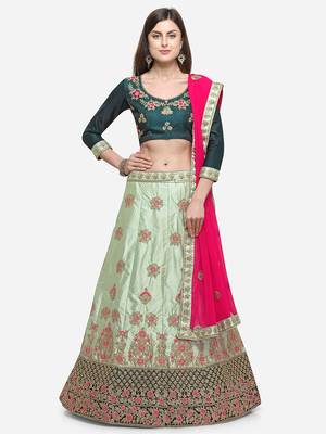 Green Embroidered Silk Semi Stitched Lehenga 1