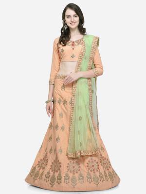 Peach Embroidered Silk Semi Stitched Lehenga 1