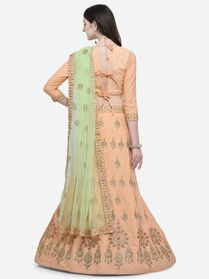 Peach Embroidered Silk Semi Stitched Lehenga 2