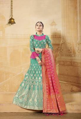 Light-Green Woven Silk Semi Stitched Lehenga 1