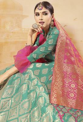 Light-Green Woven Silk Semi Stitched Lehenga 2