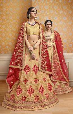 Beige Embroidered Silk Semi Stitched Lehenga 1