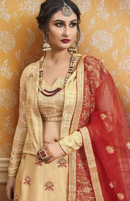 Beige Embroidered Silk Semi Stitched Lehenga 2
