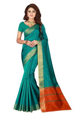 Green woven cotton silk saree with blouse 1