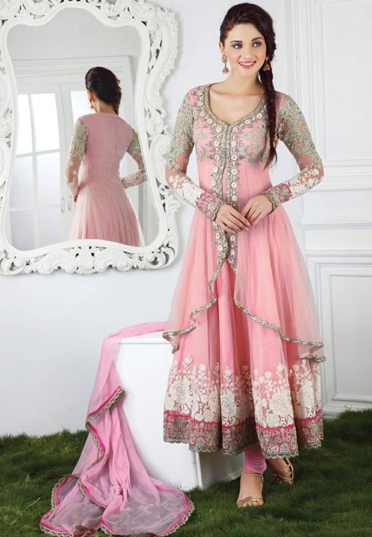 Styles Closet Pink embroidered net semi-stitched salwar with dupatta