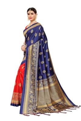Blue printed art silk saree with blouse 2