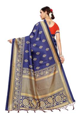 Blue printed art silk saree with blouse 4