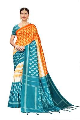 Turquoise printed art silk saree with blouse 1