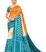 Turquoise printed art silk saree with blouse