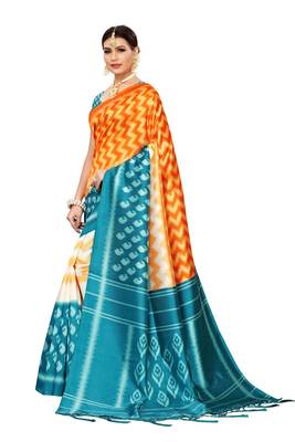 Turquoise printed art silk saree with blouse 2