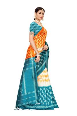 Turquoise printed art silk saree with blouse 3