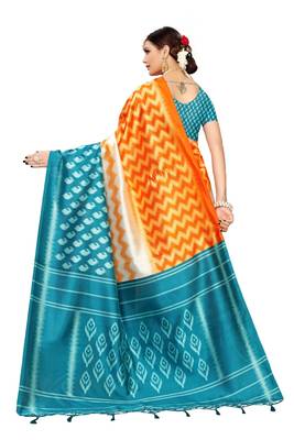 Turquoise printed art silk saree with blouse 4