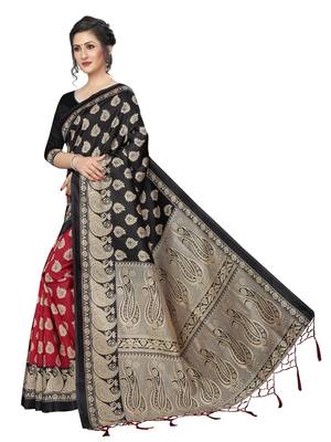 Red printed art silk saree with blouse 3