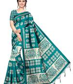 Turquoise printed art silk saree with blouse