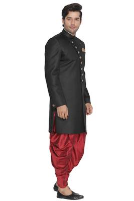Black Plain Blended Cotton Sherwani 2
