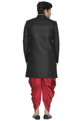 Black Plain Blended Cotton Sherwani 4