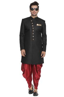 Black Plain Blended Cotton Sherwani 5