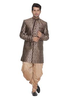 Brown Plain Blended Cotton Sherwani