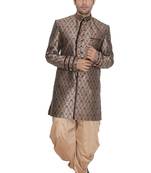 Brown Plain Blended Cotton Sherwani