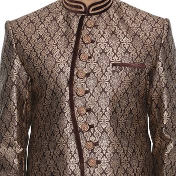 Brown Plain Blended Cotton Sherwani 3