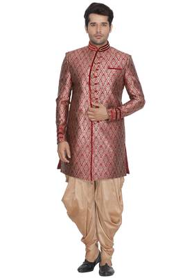 Maroon Plain Blended Cotton Sherwani 1