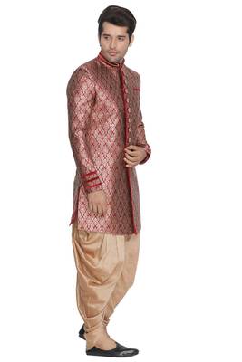 Maroon Plain Blended Cotton Sherwani 2