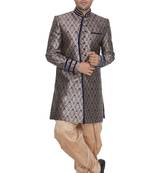 Blue Plain Blended Cotton Sherwani