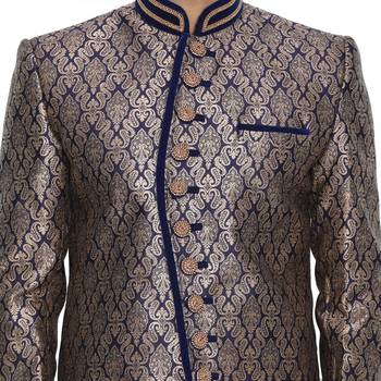 Blue Plain Blended Cotton Sherwani 3