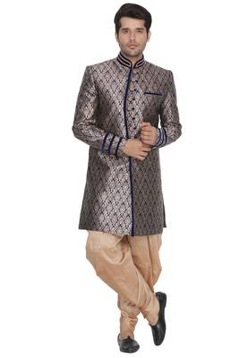 Blue Plain Blended Cotton Sherwani 5