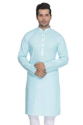 Men'S Light Blue Cotton Linen Blend Kurta 5