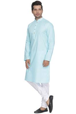 Light Blue Cotton Linen Blend Kurta Pyjama Set 2