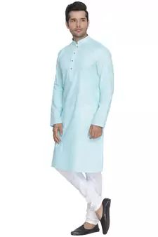 Light Blue Cotton Linen Blend Kurta Pyjama Set