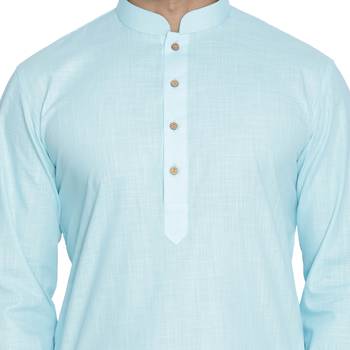 Light Blue Cotton Linen Blend Kurta Pyjama Set 3