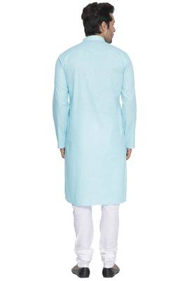 Light Blue Cotton Linen Blend Kurta Pyjama Set 4