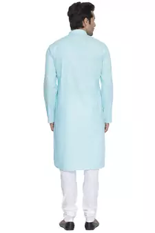 Light Blue Cotton Linen Blend Kurta Pyjama Set
