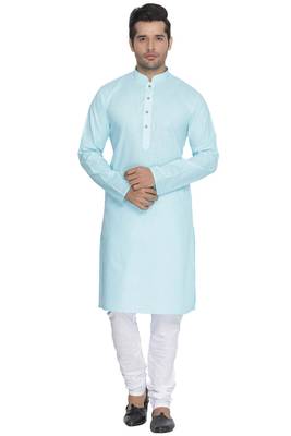 Light Blue Cotton Linen Blend Kurta Pyjama Set 5