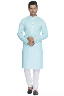 Light Blue Cotton Linen Blend Kurta Pyjama Set