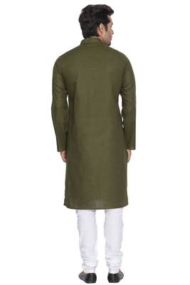 Men'S Green Cotton Linen Blend Kurta Pyjama Set 4