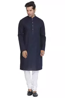 Blue Plain Cotton Kurta-Pajama