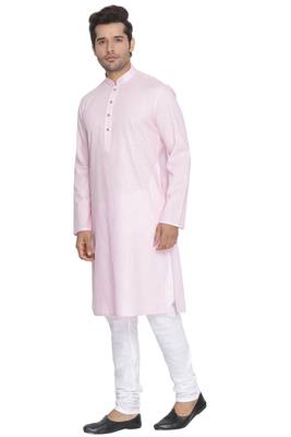 Men'S Pink Cotton Linen Blend Kurta Pyjama Set 2