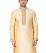 Gold Plain Cotton Silk Men-Kurtas