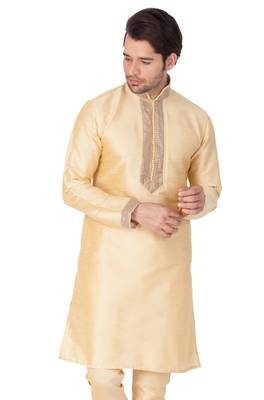 Gold Plain Cotton Silk Men-Kurtas 2