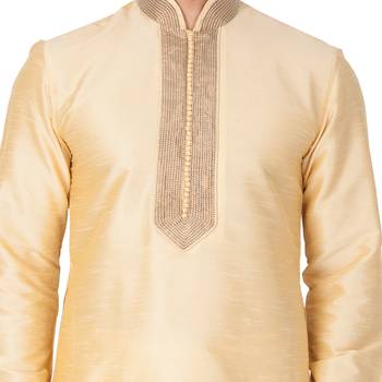 Gold Plain Cotton Silk Men-Kurtas 3
