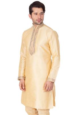 Gold Plain Cotton Silk Men-Kurtas 4